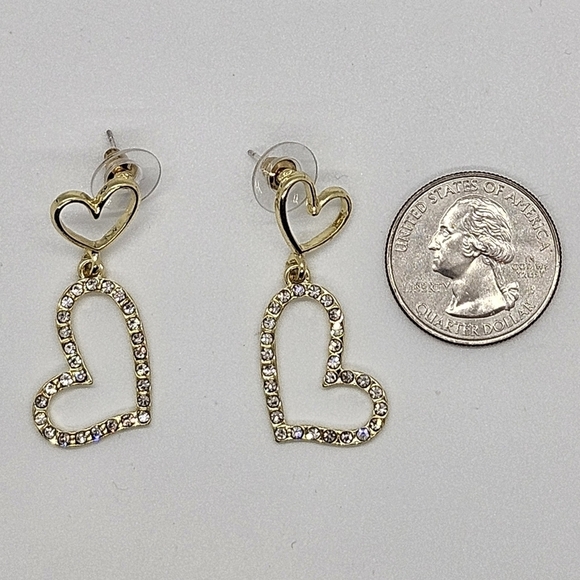 Double Heart Rhinestone Drop Earring Gold Tone S925 Post - Picture 5 of 14